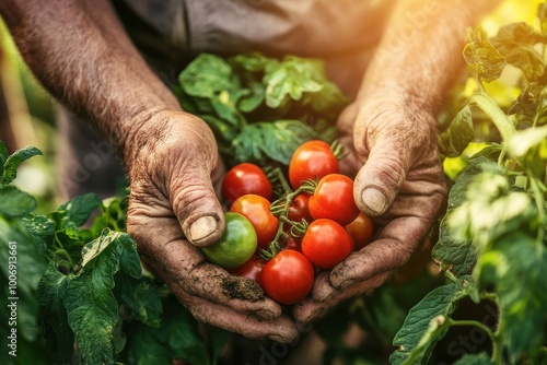 Close up of elderly hands carefully picking ripe cherry tomatoes from a lush garden vine.