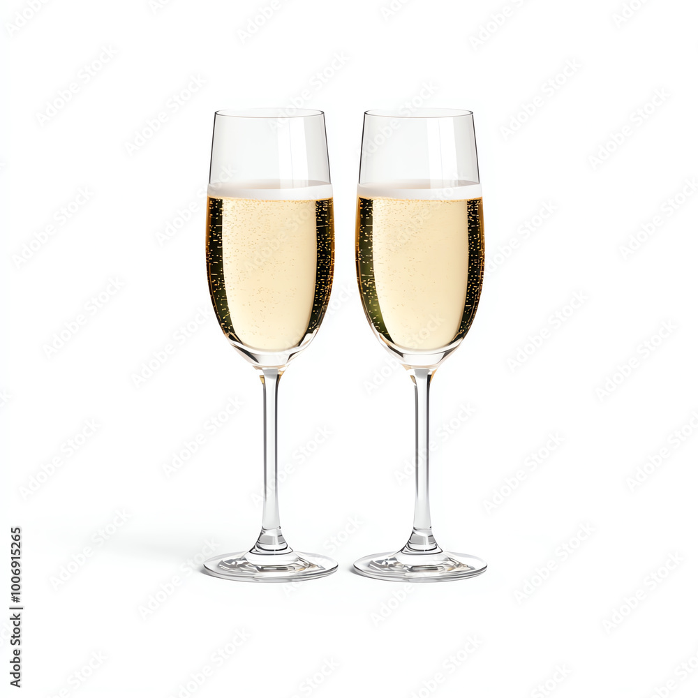 Two elegant champagne flutes filled with bubbly beverage, white isolate background. Two elegant champagne flutes filled with bubbly beverage, white isolate background.