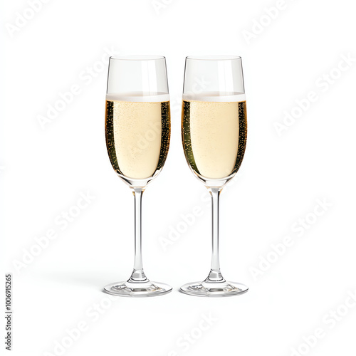 Two elegant champagne flutes filled with bubbly beverage, white isolate background.