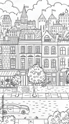 Wallpaper Mural coloring book, cartoon style, street in the city in white background, houses, tree, garden, small shops, bus stop, church, cars  Torontodigital.ca