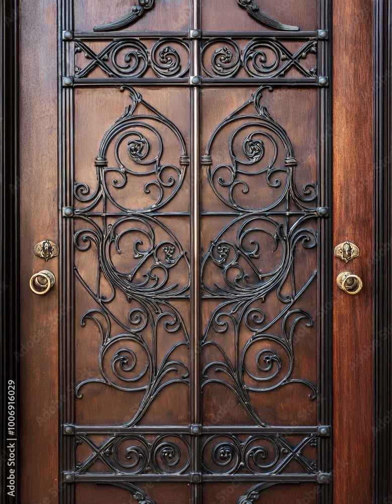 Ornate iron door with brass knobs Ornate iron door with brass knobs