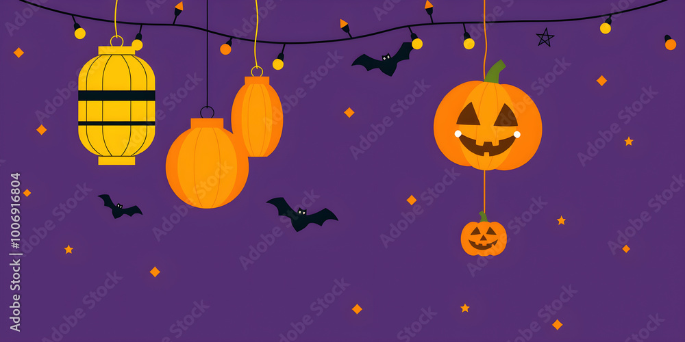 Naklejka premium Halloween background with lanterns and the core drive purple and orange. Enough space is for text.