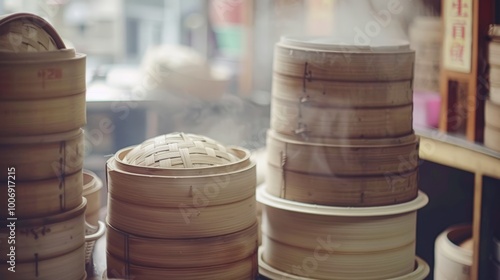 Bamboo Steamers in a Vibrant Market Setting