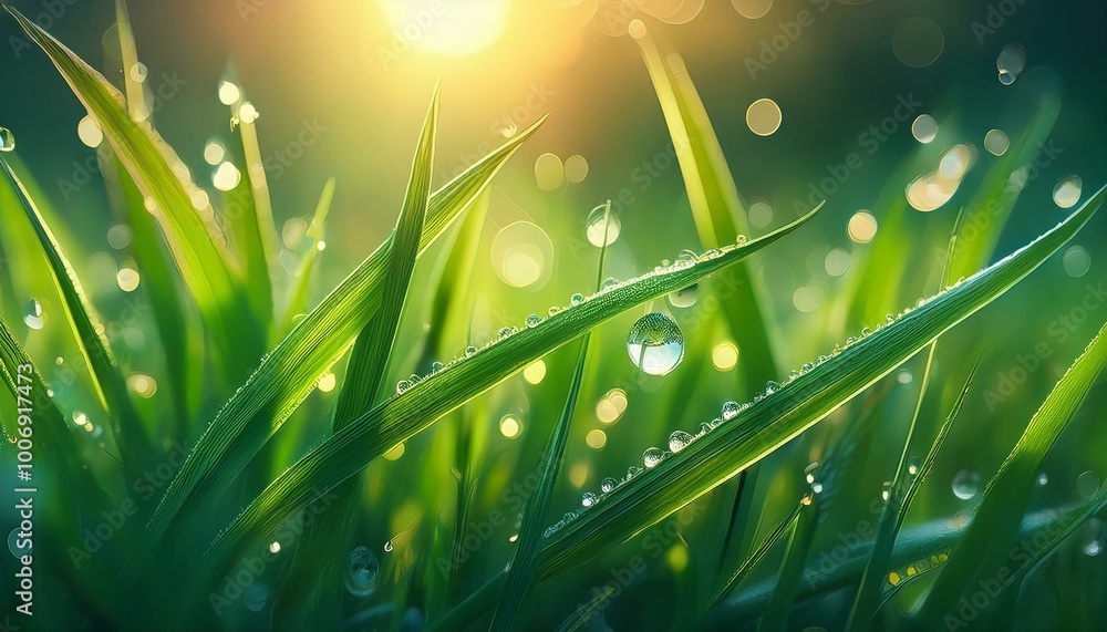 Fototapeta premium Dewdrops on green grass