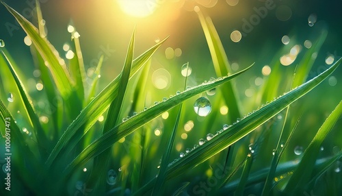 Dewdrops on green grass