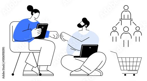 Two people using digital devices fist bump suggesting teamwork and collaboration. Organizational chart and shopping cart icon reinforce business themes. Ideal for teamwork, technology, business