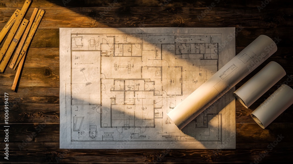 Obraz premium Architectural blueprint floor plans displayed on a table for property development and construction