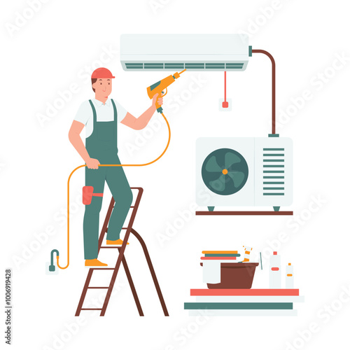 Air conditioning ac service technician workers cleaning repairing washing cooling system maintenance concept illustration