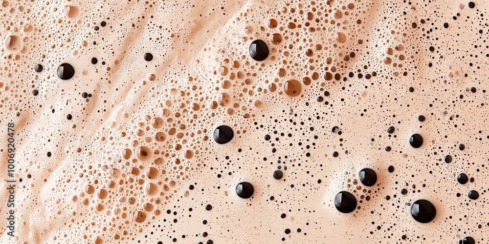 A close-up view of frothy beverage textures, featuring bubbles and dark spots against a creamy background. A close-up view of frothy beverage textures, featuring bubbles and dark spots against a creamy background.