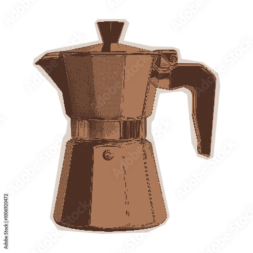 Contemporary halftone moka pot element. Monochrome cutout sticker in scrapbook style for prints, graphics, design, menus. Coffee concept