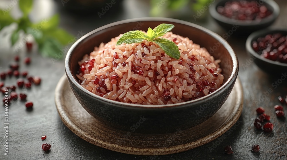 Bowl of Red Rice with Mint Garnish Bowl of Red Rice with Mint Garnish