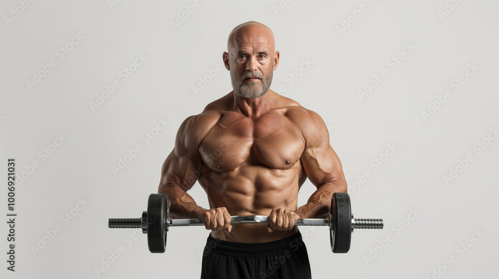 A senior man is lifting a dumbbell on white background. Elderly muscular athlete is enjoying his workout. Advertising banner layout for a gym or fitness trainer. A senior man is lifting a dumbbell on white background. Elderly muscular athlete is enjoying his workout. Advertising banner layout for a gym or fitness trainer.
