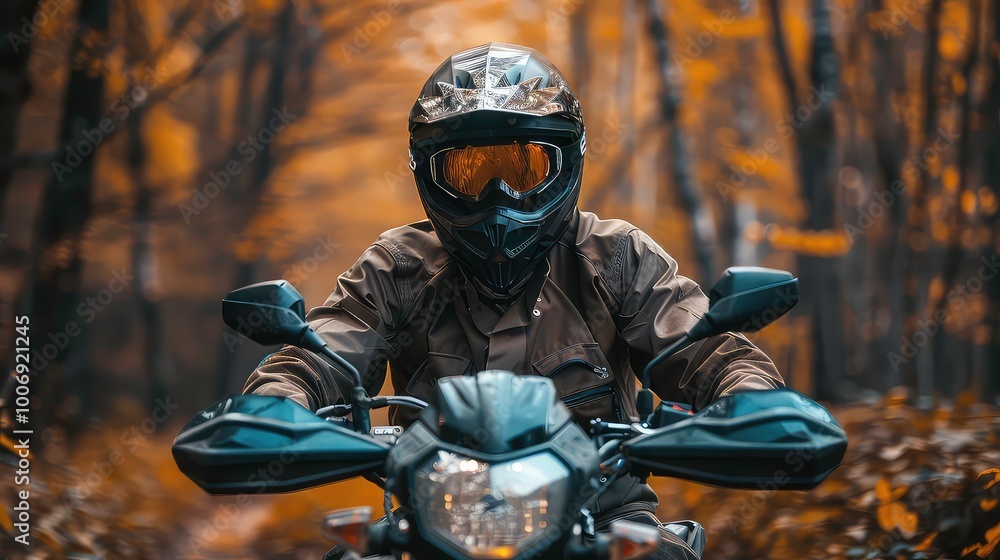 A motorcyclist wearing a helmet and goggles rides through a forest with vibrant fall colors in the background. A motorcyclist wearing a helmet and goggles rides through a forest with vibrant fall colors in the background.
