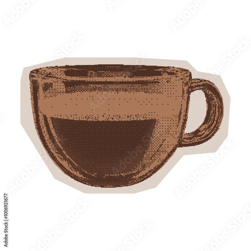 
Halftone espresso cup. Monochrome cutout sticker with dotted photocopy texture for prints, graphics, design, menus. Coffee concept.