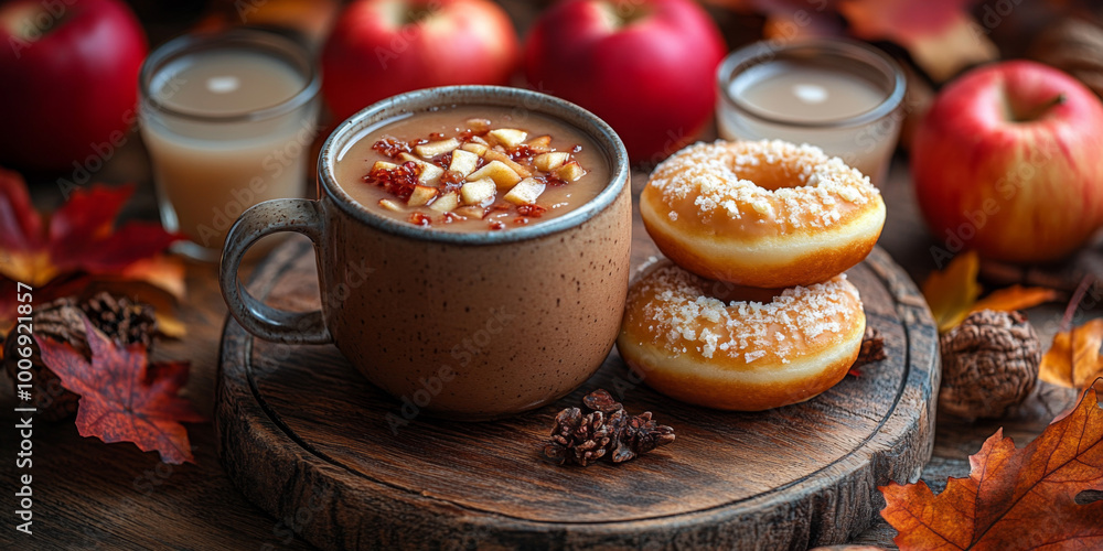 A mug of apple c Increpit with two donuts on the side, surrounded by fall leaves and apples. 