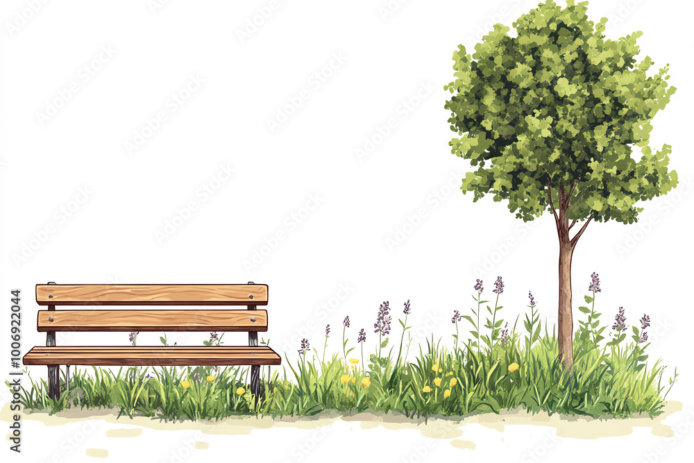 Wooden bench beside a green tree in a flowered landscape, white isolate background. Wooden bench beside a green tree in a flowered landscape, white isolate background.