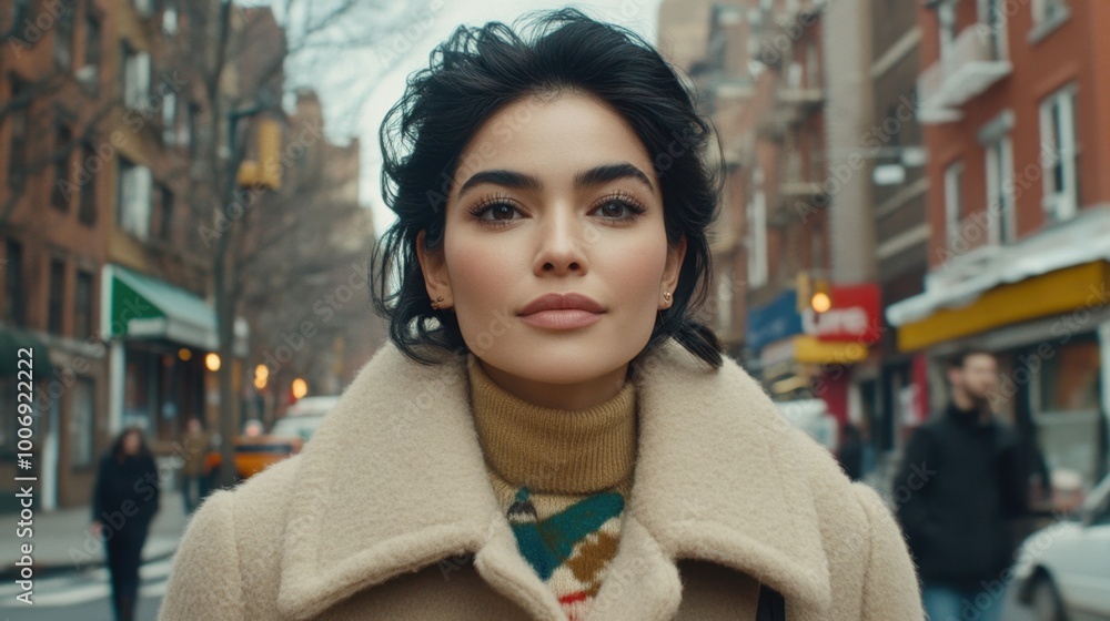 Fototapeta premium Woman in a beige coat casually walking along a busy street, blending into the fast-paced city life.