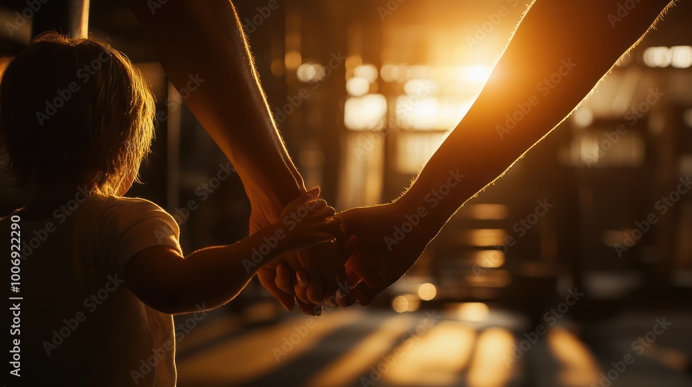 Cinematic photograph of a mother holding child hand. at the gym . Mother's Day. Cinematic photograph of a mother holding child hand. at the gym . Mother's Day.