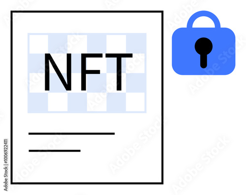 Digital document with NFT text and adjacent blue lock icon. Ideal for blockchain technology, digital ownership, security, cryptocurrency, digital art. Simple vector style