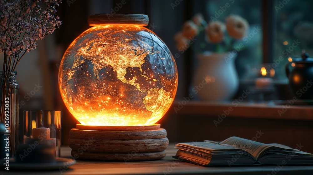 3D lantern with globe design on a wooden stand, illuminated by warm light and casting intricate shadows; cozy room setting with a book, a vase of flowers, a window showing a starry night sky; warm amb 3D lantern with globe design on a wooden stand, illuminated by warm light and casting intricate shadows; cozy room setting with a book, a vase of flowers, a window showing a starry night sky; warm amb