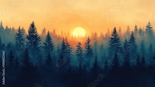 Trees in the foreground with a sun setting in the background