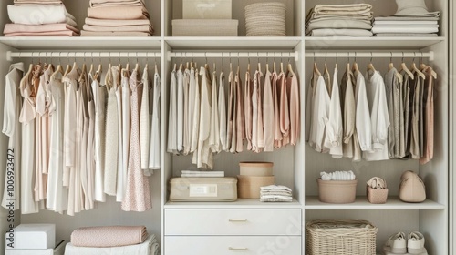 Minimalist wardrobe with neutral color palettes. Decluttered lifestyle concept
