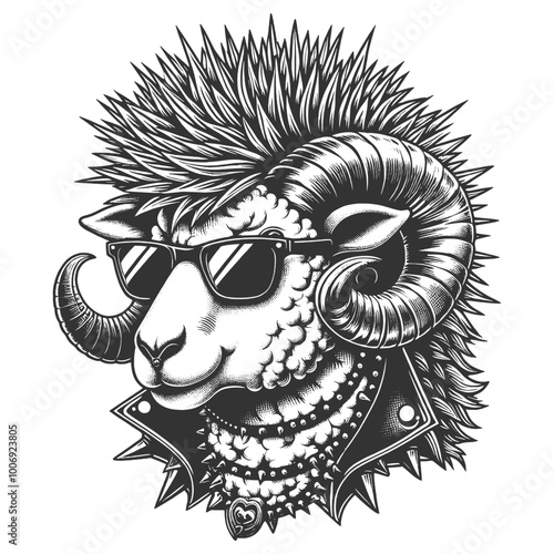 punk ram wearing sunglasses, a spiked mohawk, and a leather jacket with a spiked collar sketch engraving generative ai vector illustration. Scratch board imitation. Black and white image.