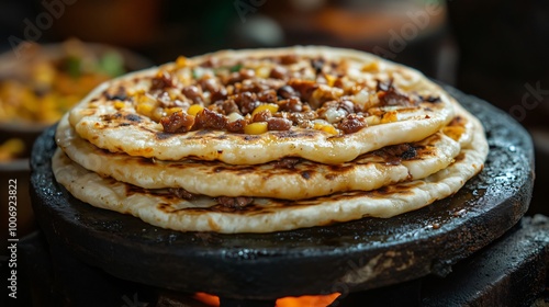 Stack of stuffed parathas cooking on a hot griddle photo