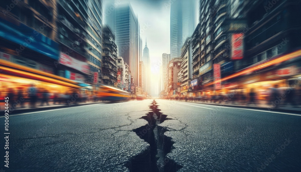 Hyper-realistic city street after an earthquake, with a large crack running down the road. The background is slightly out of focus, capturing the chaos and destruction in a dynamic, blurred effect Hyper-realistic city street after an earthquake, with a large crack running down the road. The background is slightly out of focus, capturing the chaos and destruction in a dynamic, blurred effect
