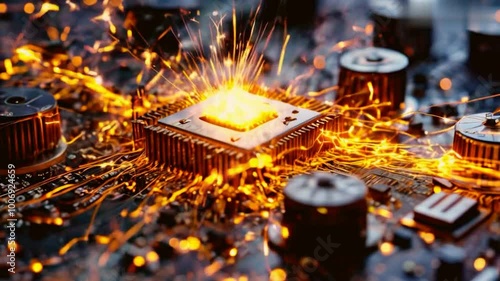 The central processing unit (CPU) reaches a critical temperature, which causes sparks to fly to the sides