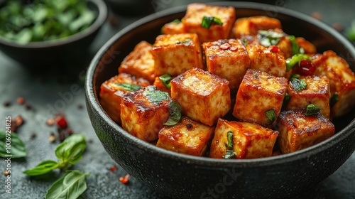 Close-Up of Savory Fried Tofu Cubes in a Black Bowl with Basil Garnish