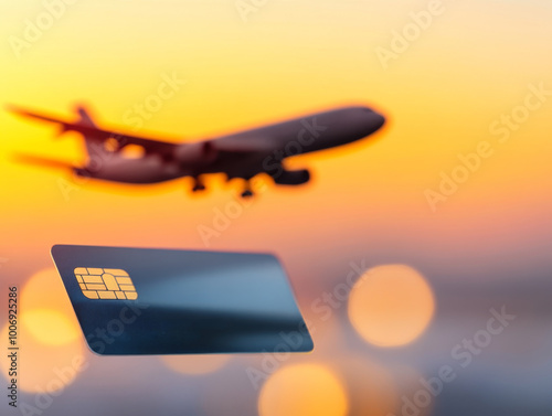 credit card is prominently displayed in foreground, with airplane flying in background against vibrant sunset. This evokes sense of travel and adventure photo