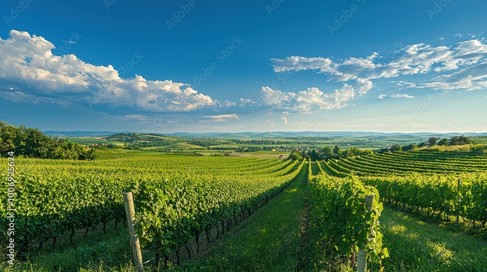 Fototapeta premium Rolling vineyard hills with distant mountains