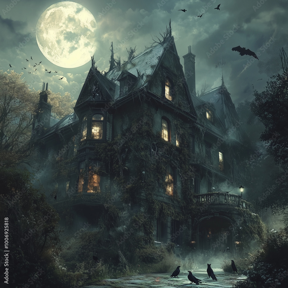 a large, old mansion with broken windows, overgrown vines, and a full moon shining in the background. a large, old mansion with broken windows, overgrown vines, and a full moon shining in the background.
