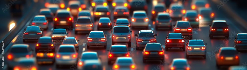 Overhead view of traffic jam on crowded highway, showcasing numerous vehicles with illuminated brake lights. scene captures frustration of congestion and busy urban environment Overhead view of traffic jam on crowded highway, showcasing numerous vehicles with illuminated brake lights. scene captures frustration of congestion and busy urban environment