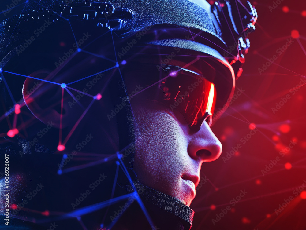 police officer in tactical gear is depicted against backdrop of secure ...