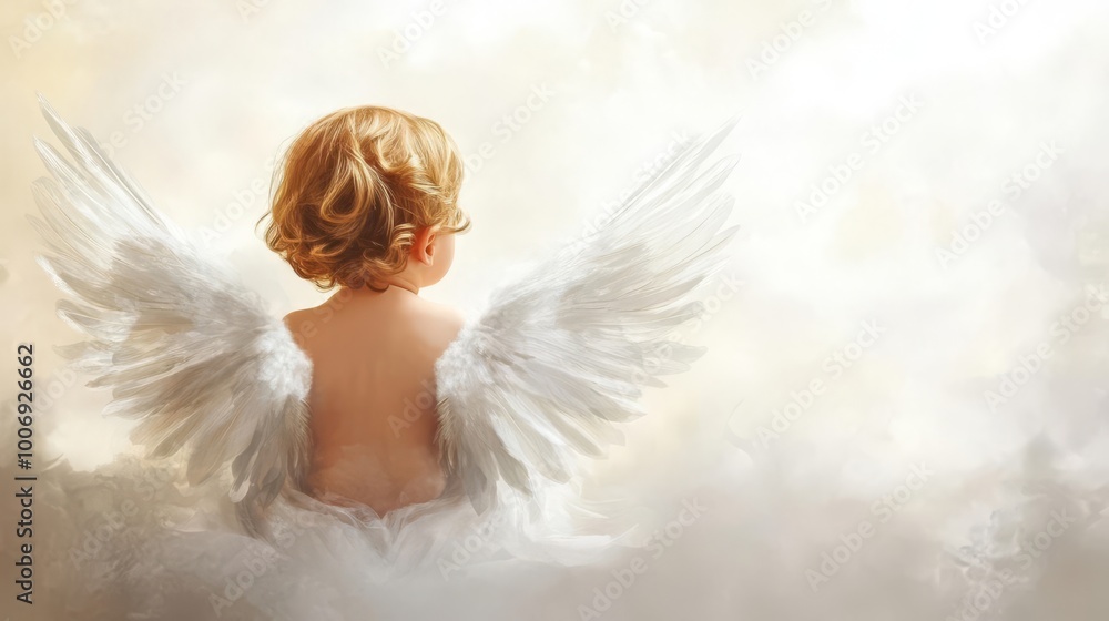 A serene image of a small angel with white wings and blonde hair sitting amidst a cloudy background, evoking innocence and divinity. A serene image of a small angel with white wings and blonde hair sitting amidst a cloudy background, evoking innocence and divinity.