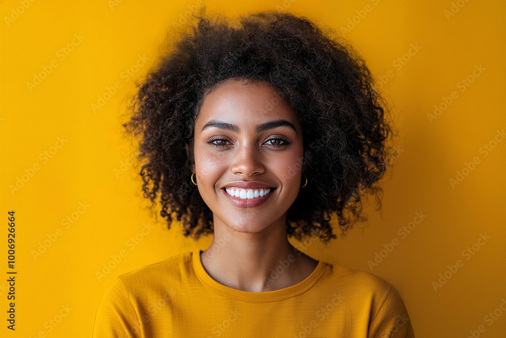 Young woman with curly hair smiling warmly against a vibrant yellow background, showcasing confidence and happiness Young woman with curly hair smiling warmly against a vibrant yellow background, showcasing confidence and happiness