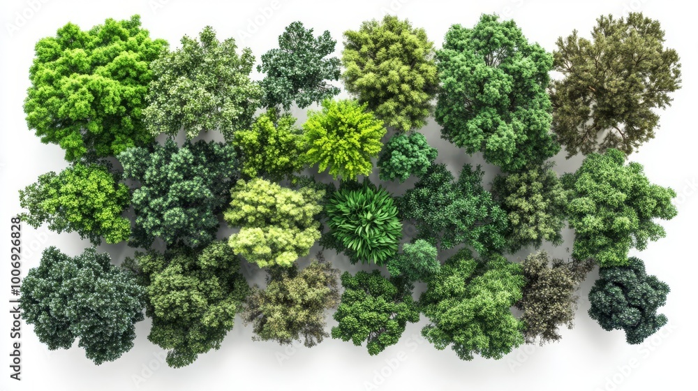 Top view of diverse green trees in various shapes and sizes, showcasing nature and forest diversity on a white background. Top view of diverse green trees in various shapes and sizes, showcasing nature and forest diversity on a white background.