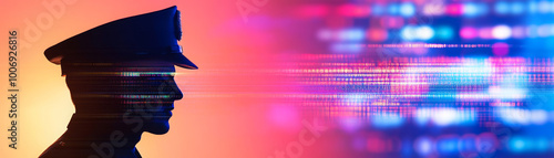 silhouette of police officer against vibrant, colorful background, symbolizing law enforcement and digital technology. image conveys sense of authority and modernity