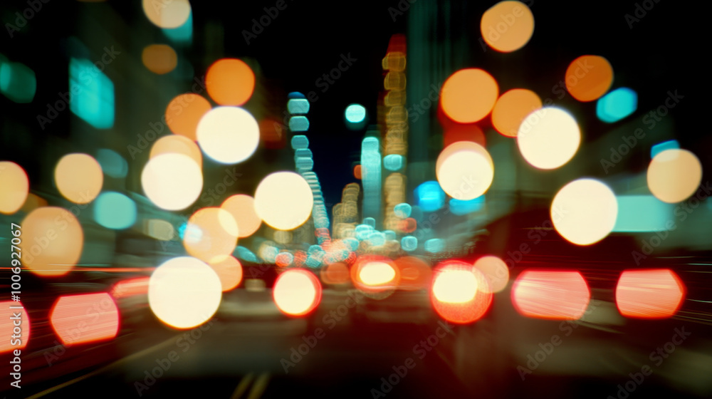Fototapeta premium Blurry city lights create vibrant and dynamic atmosphere, showcasing traffic scene filled with colorful bokeh effects. fast paced urban environment is captured beautifully