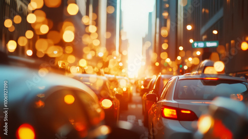 vibrant traffic jam scene captures essence of bustling city, with cars lined up under warm glow of sunset. interplay of lights creates dynamic urban atmosphere