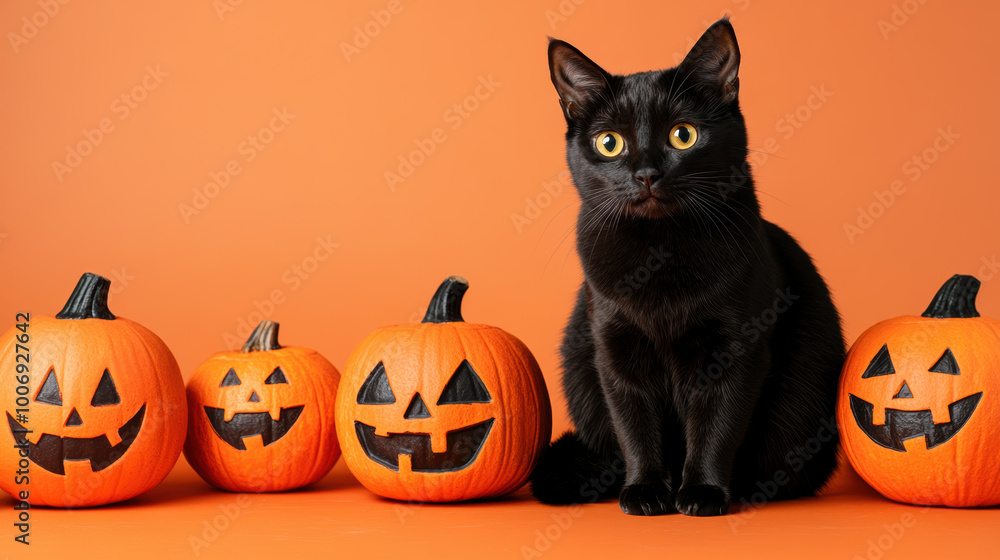 Black Cat with Jack-o'-Lanterns on Bright Halloween Background. Black Cat with Jack-o'-Lanterns on Bright Halloween Background.