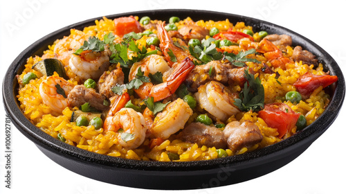 A vibrant dish of seafood and chicken paella served in a cast-iron skillet