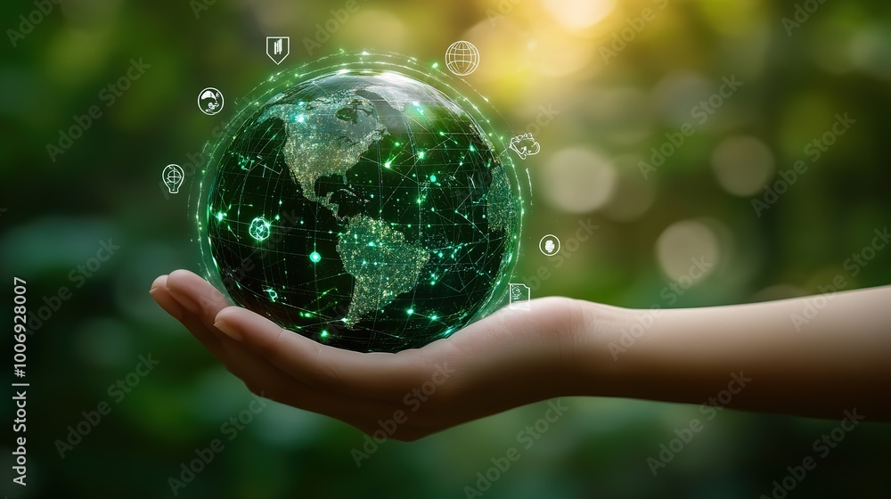 Global Net Zero Emissions Strategy, Hand Holding Digital Globe with Environmental Icons Representing CO2 Reduction, Climate Neutrality and Sustainable Future Global Net Zero Emissions Strategy, Hand Holding Digital Globe with Environmental Icons Representing CO2 Reduction, Climate Neutrality and Sustainable Future