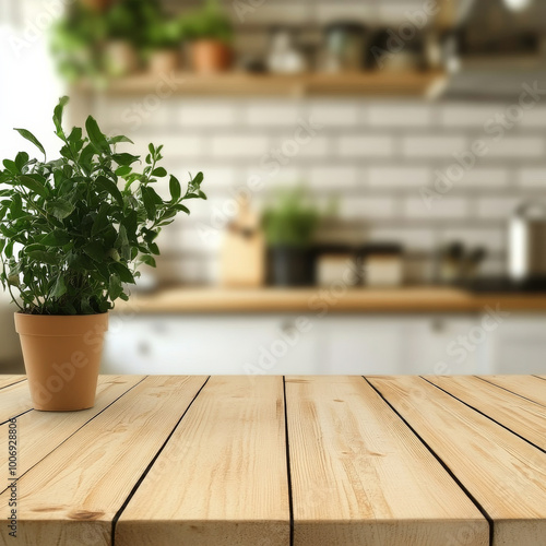 wooden table with green plant in pot creates serene atmosphere in kitchen setting, enhancing natural vibe of space