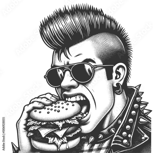 punk rocker with mohawk, tattoos, and piercings, aggressively biting into burger, sketch engraving generative ai fictional character vector illustration. Scratch board imitation. Black and white image