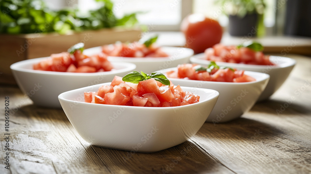 Freshly chopped tomatoes served in white bowls on a rustic wooden table with natural light Freshly chopped tomatoes served in white bowls on a rustic wooden table with natural light