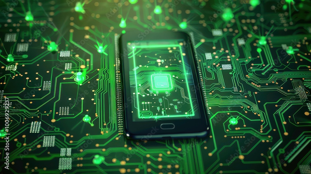 A smart phone with a glowing green circuit board on its screen rests on a circuit board. A smart phone with a glowing green circuit board on its screen rests on a circuit board.