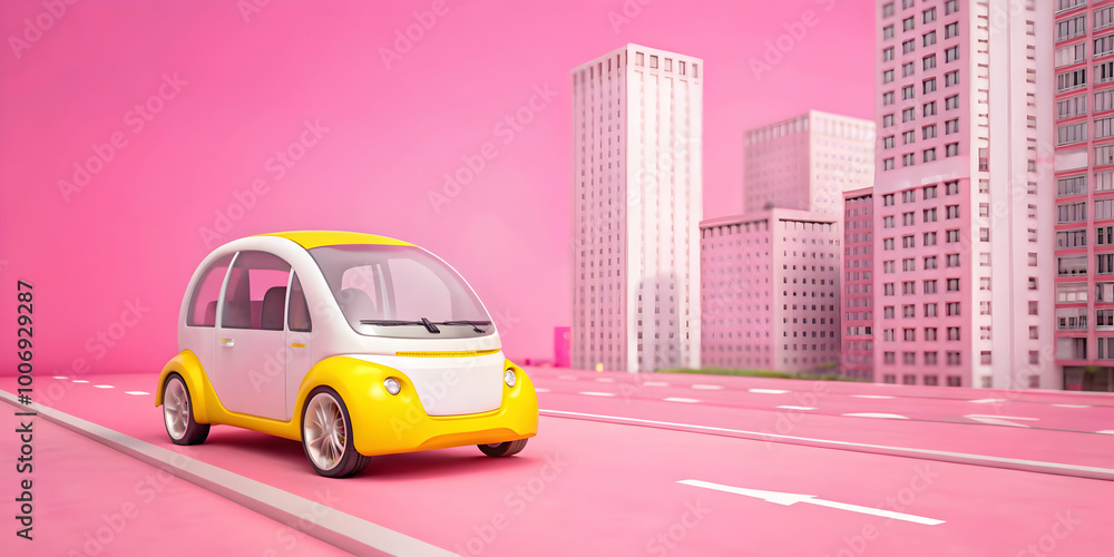 Whimsical Urban Journey: A charming, miniature electric car navigates a vibrant, pink cityscape, showcasing a playful and optimistic vision of urban mobility. Whimsical Urban Journey: A charming, miniature electric car navigates a vibrant, pink cityscape, showcasing a playful and optimistic vision of urban mobility.